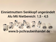 Einnietmuttern/Blindnietmuttern Senkkopf Rundschaft ungerändelt Alu M6 Nietbereich:1,5-4,5mm (1 Stück)