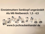 Einnietmuttern/Blindnietmuttern Senkkopf Rundschaft ungerändelt Alu M6 Nietbereich:1,5-4,5mm (25 Stück)